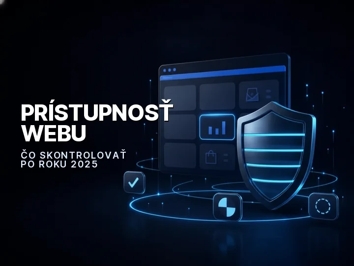 Prístupnosť webu znázornená ako otvorený štít s vrstvami kontroly kontrastu a klávesovej navigácie