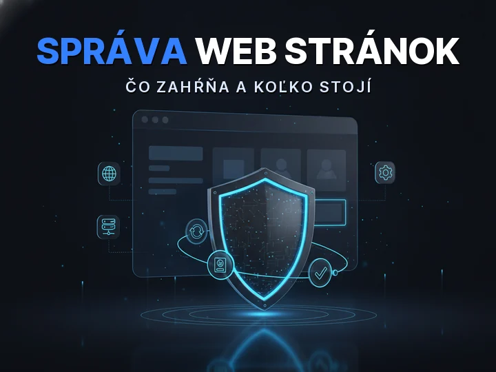 Správa web stránok znázornená ako ochranný štít obklopený údržbovými ikonami