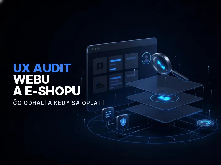 UX audit webu a e-shopu znázornený ako rozobraté vrstvy rozhrania kontrolované lupou