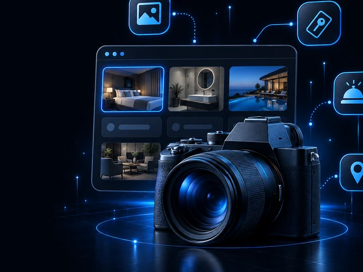 Hotelová fotografia pre Booking.com, Google a vlastný web: fotoaparát s fotorámom a kľúčom od izby